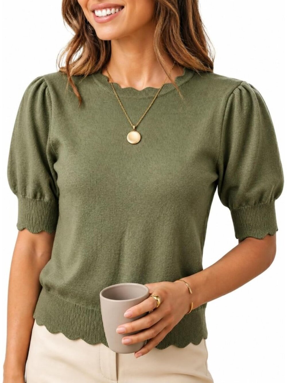 Women's Sage Green Short Sleeve Crew Neck Pull On Imported Casual Sweater